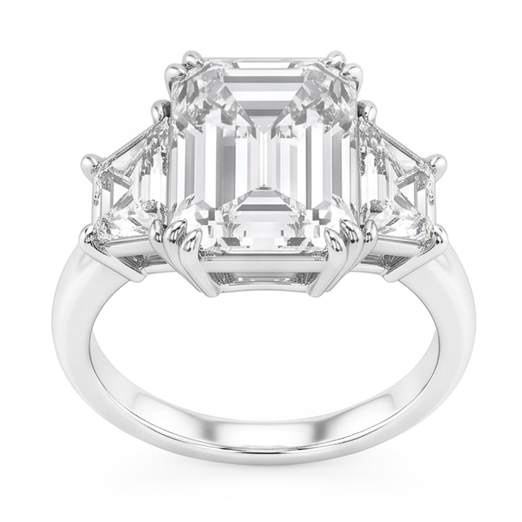 Bague Emeraude Trapèze Gros Véritable Diamant Trois Pierres 9 Carats