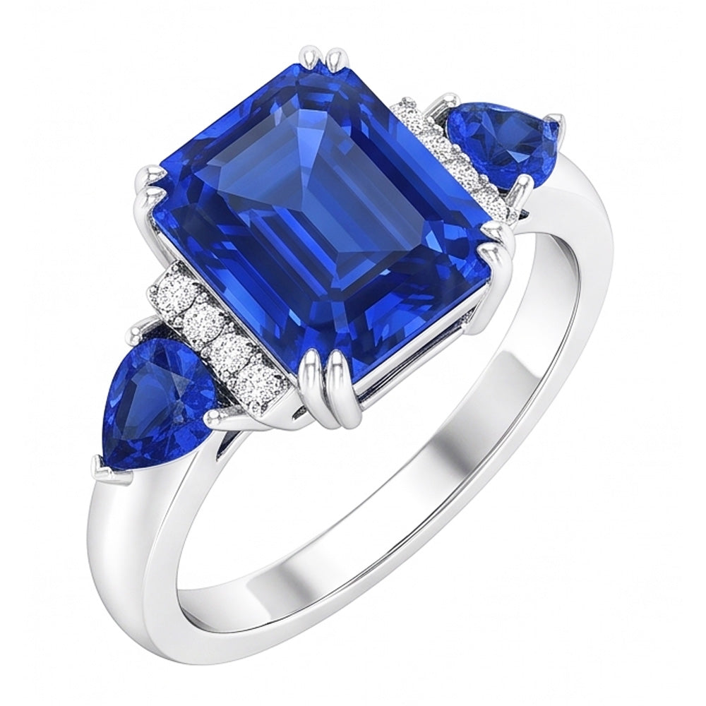 Bague Émeraude Trois Pierres Saphir Bleu Naturel & Diamants 3 Carats