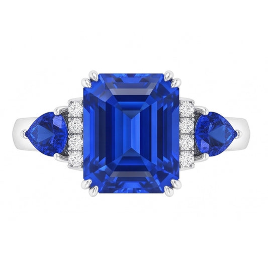 Bague Émeraude Trois Pierres Saphir Bleu Naturel & Diamants 3 Carats