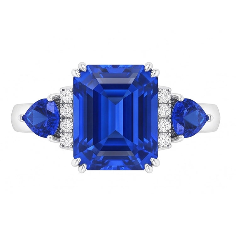 Bague Émeraude Trois Pierres Saphir Bleu Naturel & Diamants 3 Carats