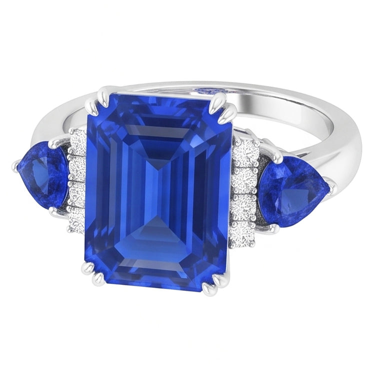 Bague Émeraude Trois Pierres Saphir Bleu Naturel & Diamants 3 Carats