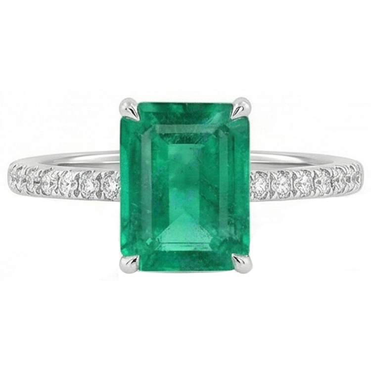 Bague Emeraude Vert Colombienne & Diamant 3.60 Carats Pierres Précieuses Or Blanc 14K