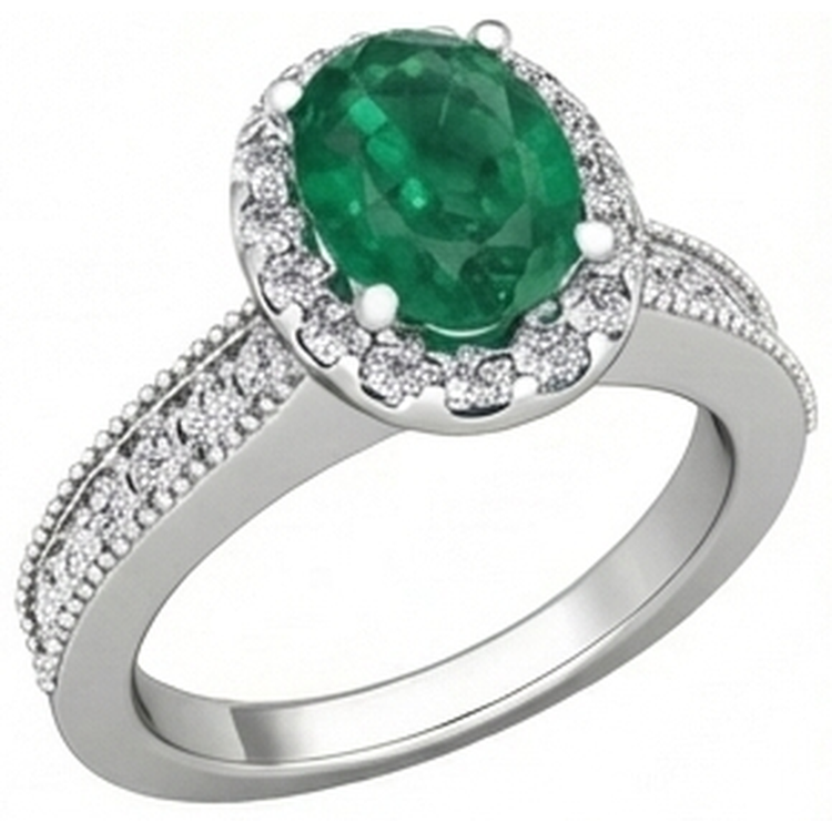 Bague Émeraude Vert Taille Ovale Avec Diamants Naturels Extraits des Mines ( et non cultivés en laboratoire ) Ronds 4.75 Carats Or Blanc 14K