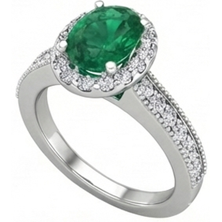 Bague Émeraude Vert Taille Ovale Avec Diamants Naturels Extraits des Mines ( et non cultivés en laboratoire ) Ronds 4.75 Carats Or Blanc 14K