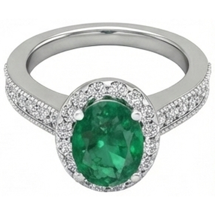 Bague Émeraude Vert Taille Ovale Avec Diamants Naturels Extraits des Mines ( et non cultivés en laboratoire ) Ronds 4.75 Carats Or Blanc 14K