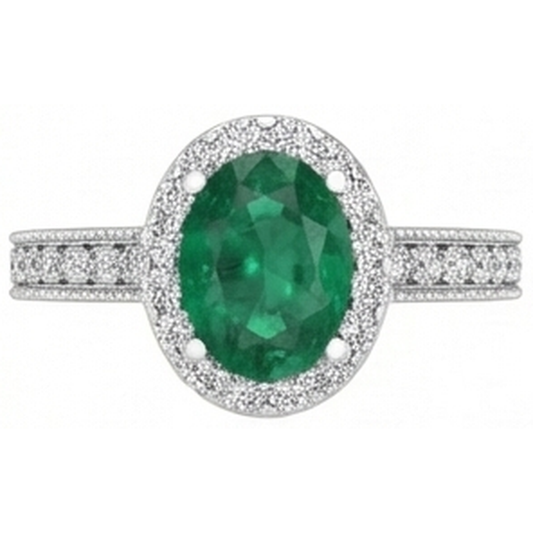 Bague Émeraude Vert Taille Ovale Avec Diamants Naturels Extraits des Mines ( et non cultivés en laboratoire ) Ronds 4.75 Carats Or Blanc 14K