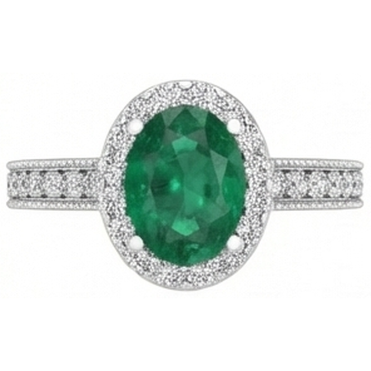 Bague Émeraude Vert Taille Ovale Avec Diamants Naturels Extraits des Mines ( et non cultivés en laboratoire ) Ronds 4.75 Carats Or Blanc 14K