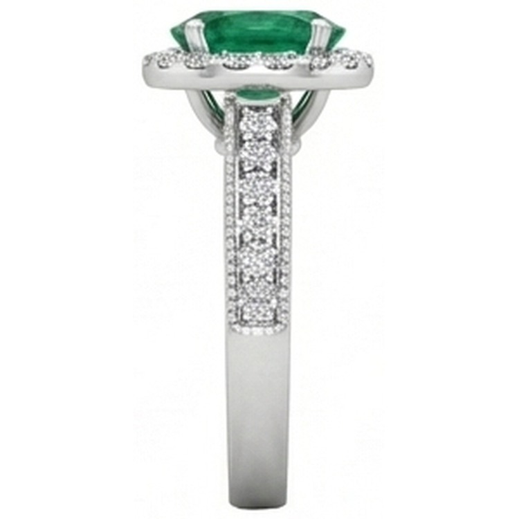 Bague Émeraude Vert Taille Ovale Avec Diamants Naturels Extraits des Mines ( et non cultivés en laboratoire ) Ronds 4.75 Carats Or Blanc 14K