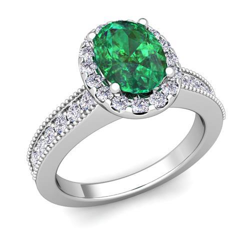 Bague Émeraude Vert Taille Ovale Avec Diamants Ronds 4.75 Carats Or Blanc 14K