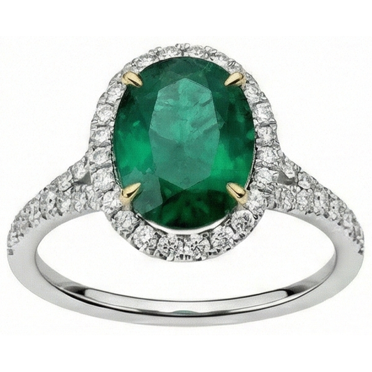 Bague Émeraude Verte Ovale 10 Carats Et Diamant Rond Joaillerie Fine