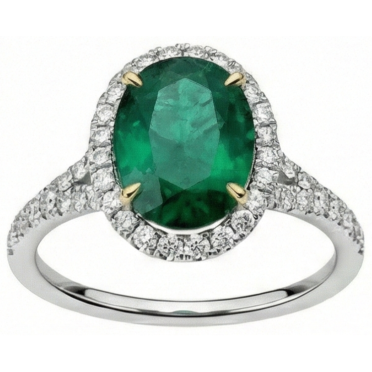 Bague Émeraude Verte Ovale 10 Carats Et Diamant Rond Joaillerie Fine