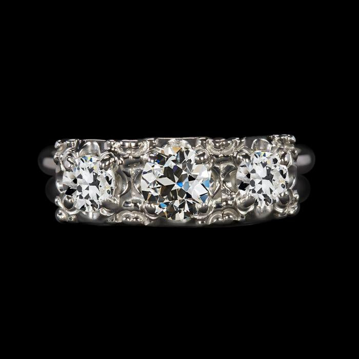 Bague En Or 14 Carats Avec 3 Pierres Rondes En Réel Diamant Taille Ancienne Mine 3.50 Carats Bijoux