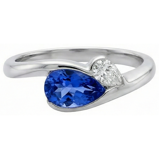 Bague En Or 2.01 Carats Style Antique Tanzanite Poire Diamant Naturels Extraits des Mines ( et non cultivés en laboratoire )