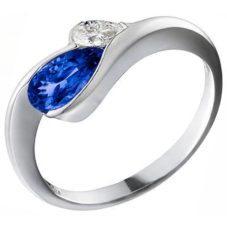 Bague En Or 2.01 Carats Style Antique Tanzanite Poire Diamant Naturels Extraits des Mines ( et non cultivés en laboratoire )