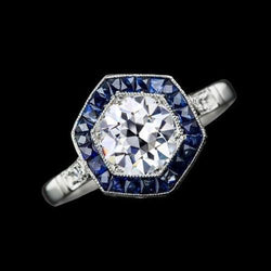 Bague En Or Avec Halo Bleu Saphir Et Naturel Diamants Ronds Taille Ancienne Mine 3.25 Carats