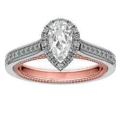 Bague En Or Bicolore Avec Halo Rond Et Poire En Réel Diamant Taille Ancienne Mine 3.90 Carats