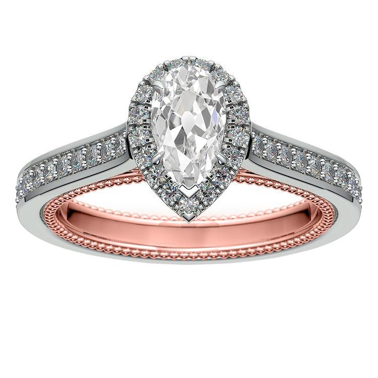 Bague En Or Bicolore Avec Halo Rond Et Poire En Réel Diamant Taille Ancienne Mine 3.90 Carats