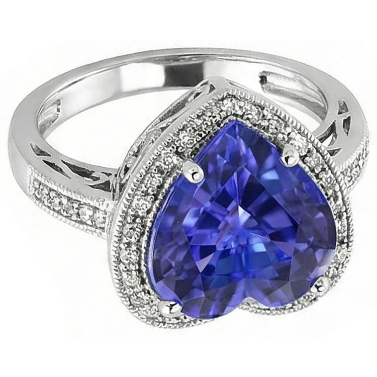Bague En Or Blanc 14K Coeur Tanzanite Et Diamants Naturels Extraits des Mines ( et non cultivés en laboratoire ) 7.76 Ct Bijoux