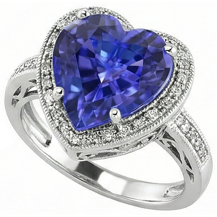 Bague En Or Blanc 14K Coeur Tanzanite Et Diamants Naturels Extraits des Mines ( et non cultivés en laboratoire ) 7.76 Ct Bijoux