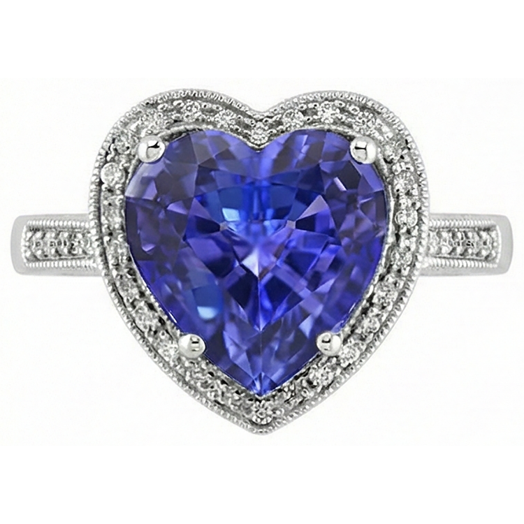 Bague En Or Blanc 14K Coeur Tanzanite Et Diamants Naturels Extraits des Mines ( et non cultivés en laboratoire ) 7.76 Ct Bijoux