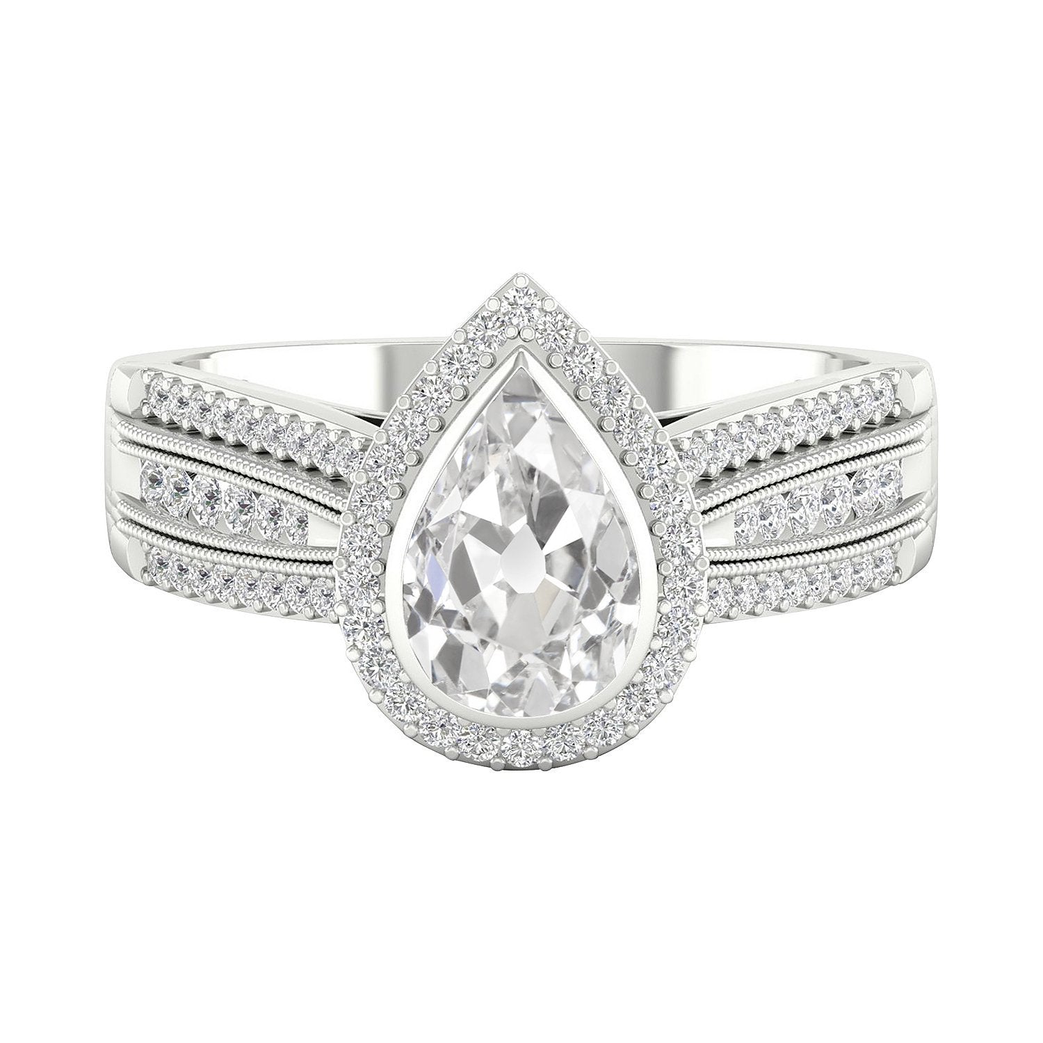 Bague En Or Et Naturel Diamant Poire Taille Ancienne Halo Triple Tige 4 Carats Millegrain