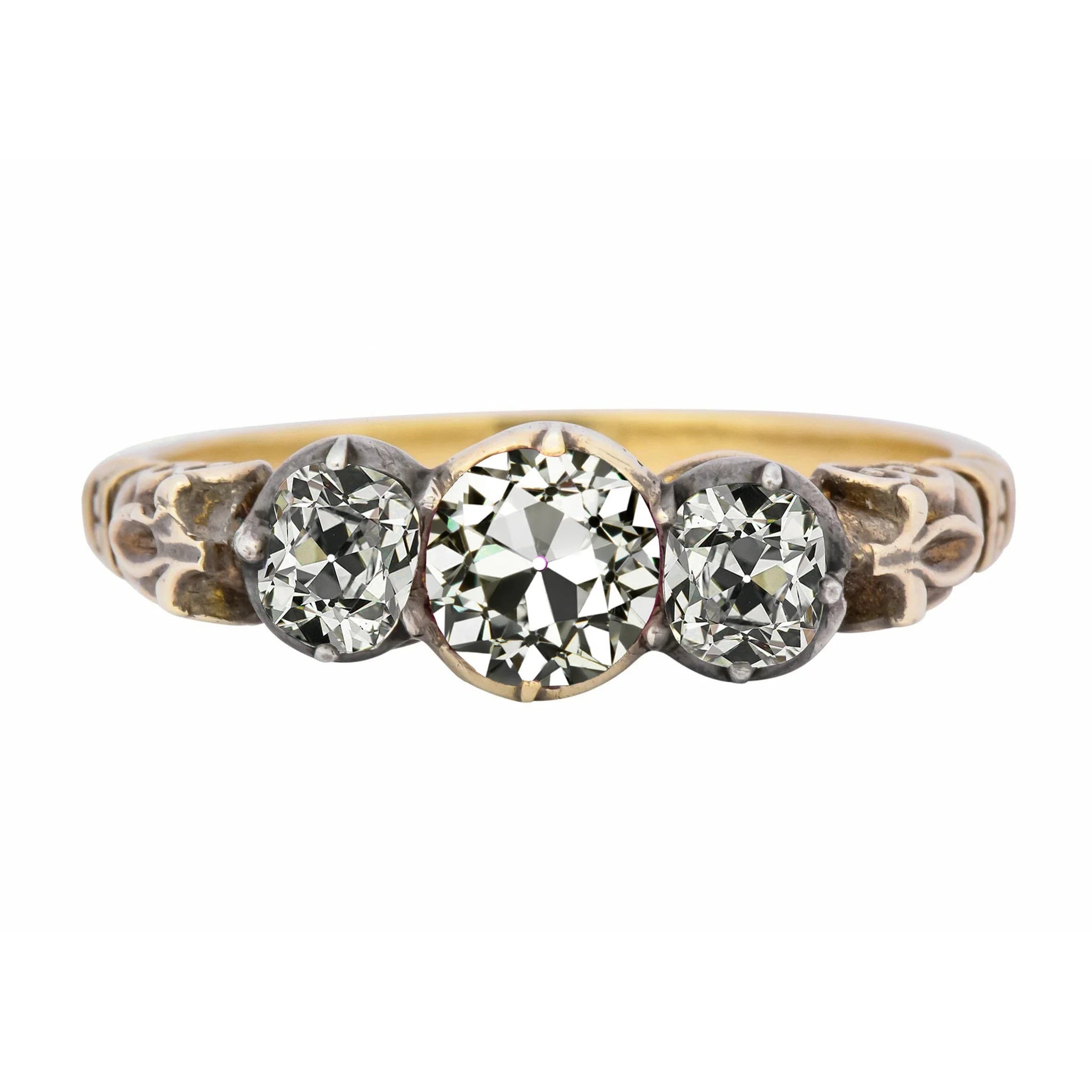 Bague En Or Jaune 3 Pierres Réel Diamant Taille Ancienne Mine 4.50 Carats Filigrane