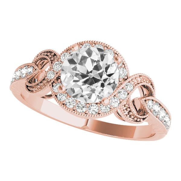 Bague En Or Rose Halo Rond Avec Véritable Diamants Européens Anciens Millgrain 3.50 Carats