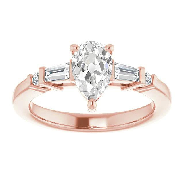 Bague En Or Rose Poire Vieux Mineur Véritable Diamant Tige Conique 3.65 Carats