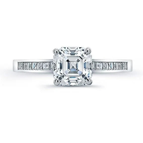 Bague En Réel Diamant Asscher De 3.01 Carats Avec Accents En Or Blanc 14K