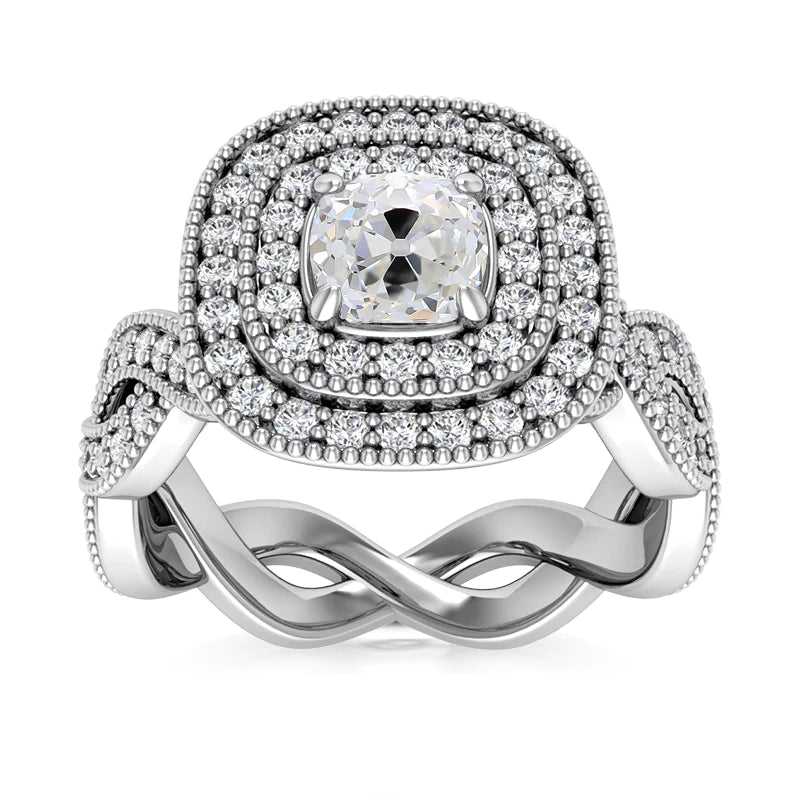 Bague En Réel Diamant De Style Ancien A Double Halo De Style Ancien. 4.50 Carats Millegrain