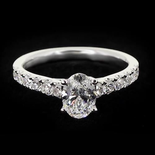 Bague En Réel Diamant Ovale Sertie De Griffes De 1.75 Carats Ronde Accentuée Bijoux En Or Blanc