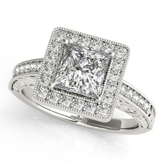 Bague En Réel Diamant Princesse Halo Avec Accents 1.50 Ct. Or Blanc 14K
