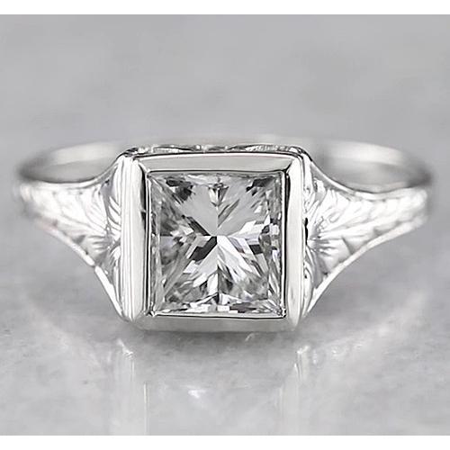 Bague En Réel Diamant Princesse Solitaire 1 Carat De Style Antique En Or Blanc 14K