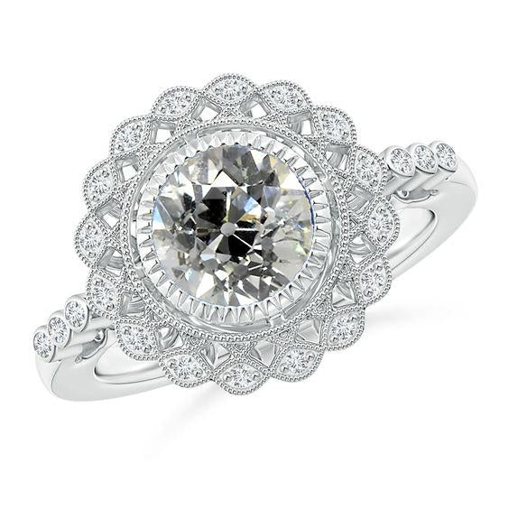 Bague En Réel Diamant Rond Ancien Mineur Serti De 2.65 Carats Style Fleur Halo