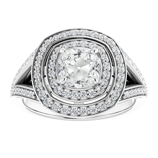 Bague En Réel Diamant Taille Ancienne Coussin Double Halo Avec Tige Fendue 5,50 Carats