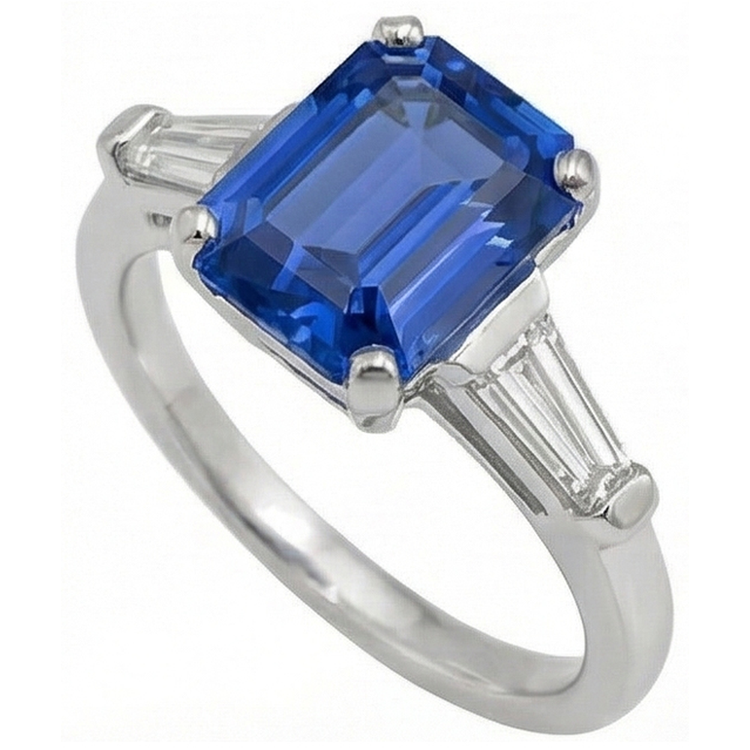 Bague En Saphir Taille émeraude Avec Diamants Taille Baguette