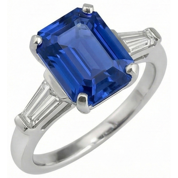 Bague En Saphir Taille émeraude Avec Diamants Taille Baguette