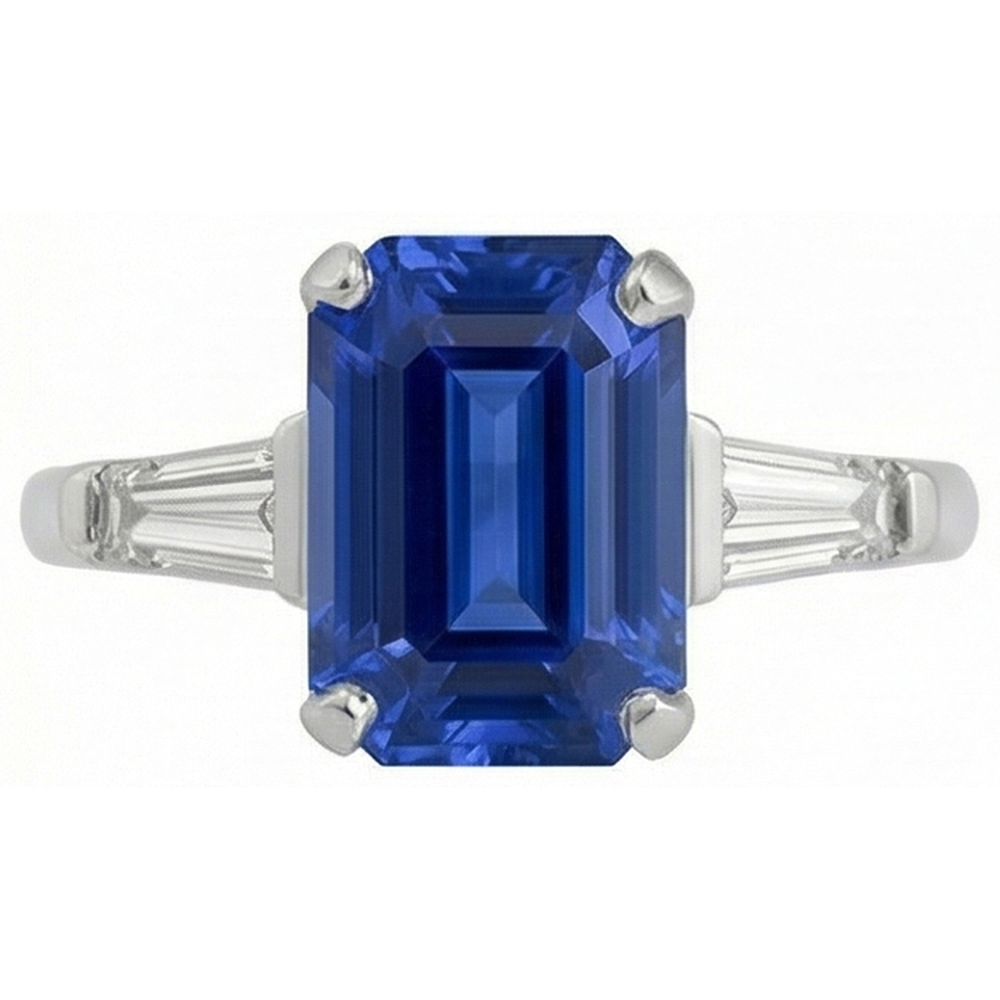 Bague En Saphir Taille émeraude Avec Diamants Taille Baguette