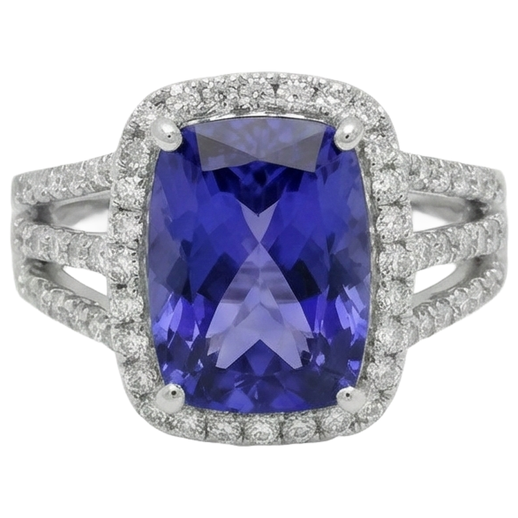 Bague Fantaisie Coussin AAA Tanzanite Et Diamants Naturels Extraits des Mines ( et non cultivés en laboratoire ) 6.55 Carats Bijoux