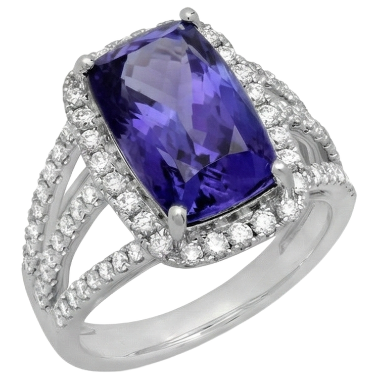 Bague Fantaisie Coussin AAA Tanzanite Et Diamants Naturels Extraits des Mines ( et non cultivés en laboratoire ) 6.55 Carats Bijoux