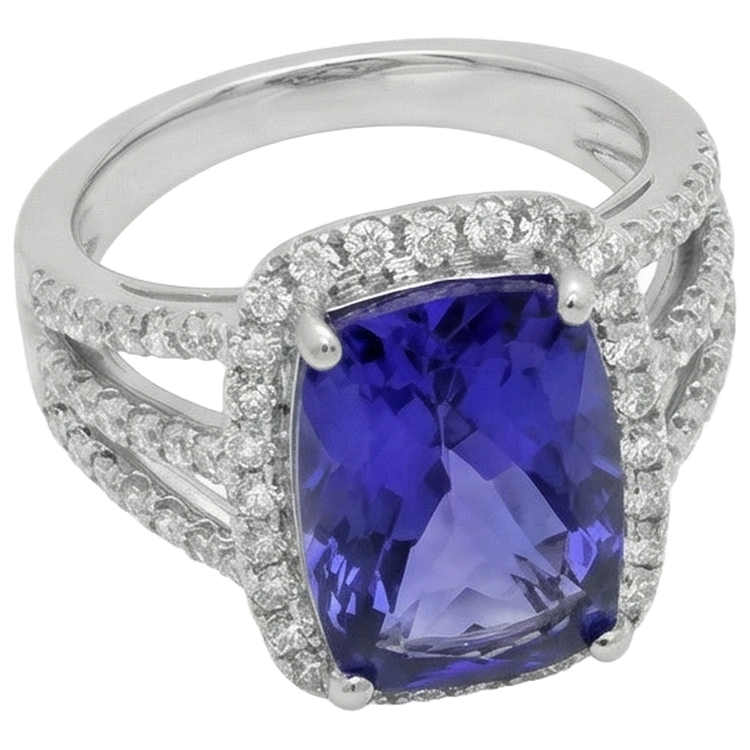 Bague Fantaisie Coussin AAA Tanzanite Et Diamants Naturels Extraits des Mines ( et non cultivés en laboratoire ) 6.55 Carats Bijoux