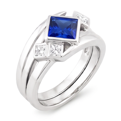 Bague Fantaisie Diamant 2 Carats Lunette Princesse Saphir Bleu