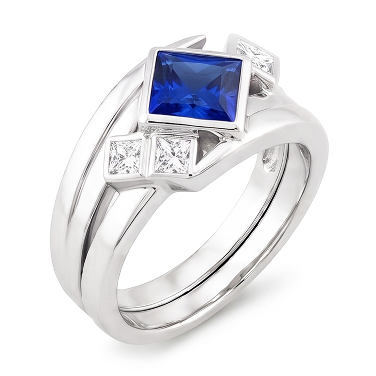 Bague Fantaisie Diamant 2 Carats Lunette Princesse Saphir Bleu
