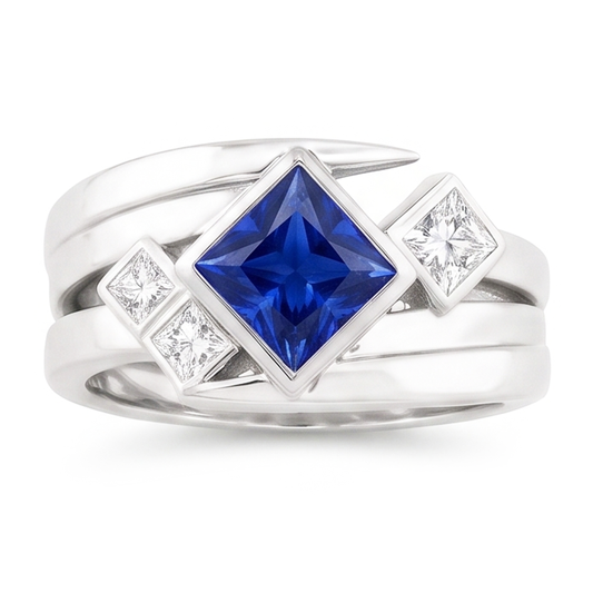 Bague Fantaisie Diamant 2 Carats Lunette Princesse Saphir Bleu