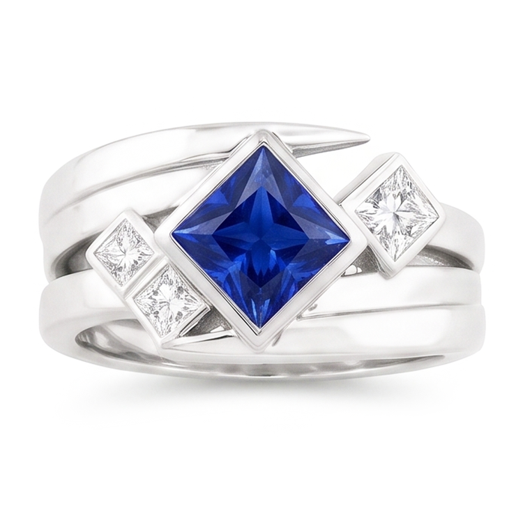 Bague Fantaisie Diamant 2 Carats Lunette Princesse Saphir Bleu
