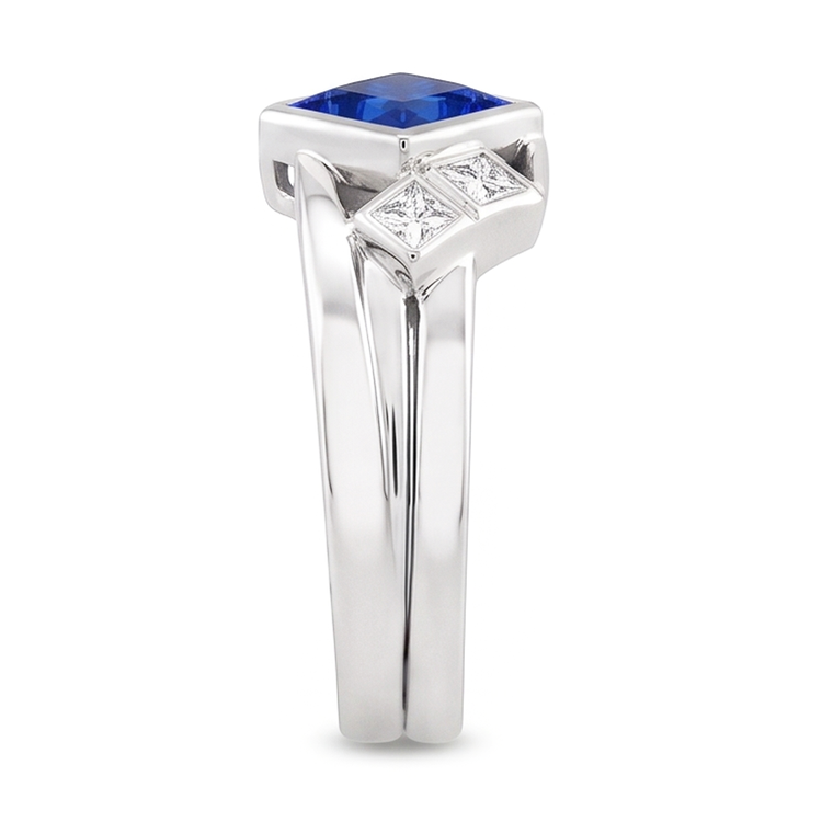 Bague Fantaisie Diamant 2 Carats Lunette Princesse Saphir Bleu