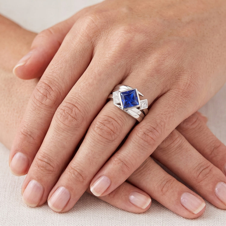 Bague Fantaisie Diamant 2 Carats Lunette Princesse Saphir Bleu