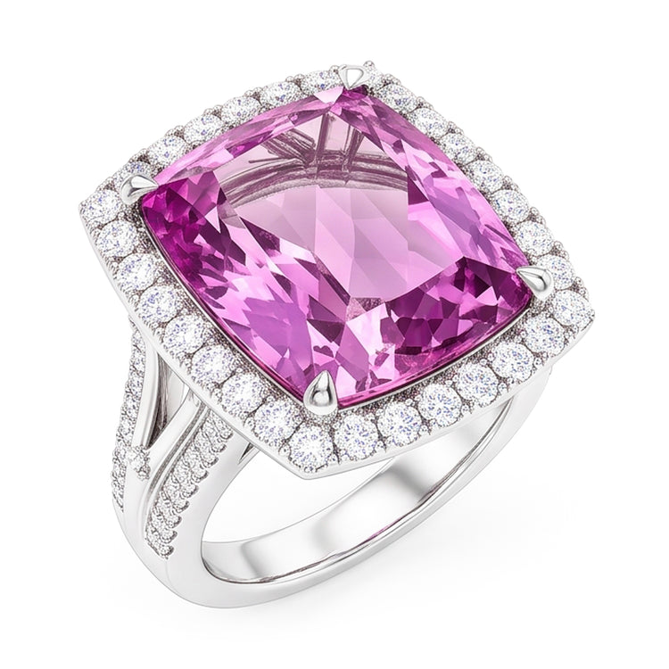 Bague Fantaisie Diamant Naturels Extraits des Mines ( et non cultivés en laboratoire ) Kunzite Rose Taille Coussin Or Blanc 16.20 Carats