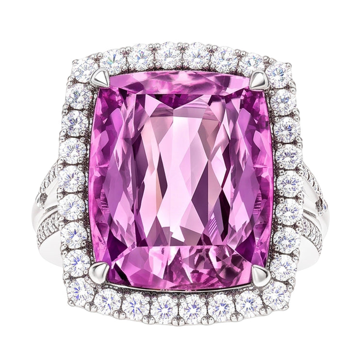 Bague Fantaisie Diamant Naturels Extraits des Mines ( et non cultivés en laboratoire ) Kunzite Rose Taille Coussin Or Blanc 16.20 Carats