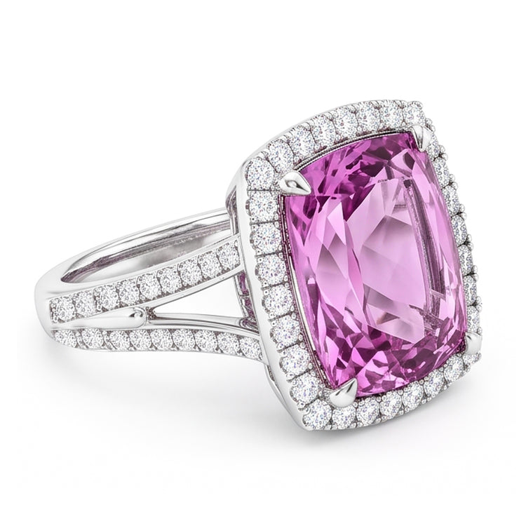 Bague Fantaisie Diamant Naturels Extraits des Mines ( et non cultivés en laboratoire ) Kunzite Rose Taille Coussin Or Blanc 16.20 Carats